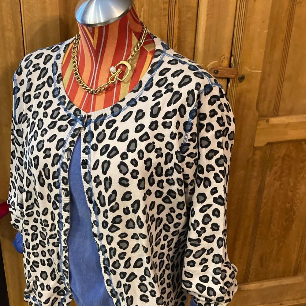 Leopard print cotton blend cardigan sweater.